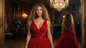 身穿紅色長裙的女性在華麗房間的裝飾鏡前擺姿勢。 — Beyoncé 壁紙
