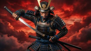 全副武裝的武士手持武士刀，背景是火紅的天空。