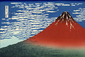 富士山，紅色山坡和雪頂，藍天白雲風格化。