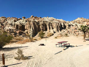 藍天下有野餐桌和岩石 formations 的沙漠營地