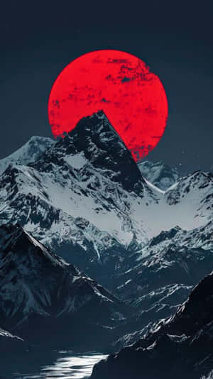雪覆蓋的山脈在巨大的紅色月亮下，夜空中有星星 — 手機 壁紙