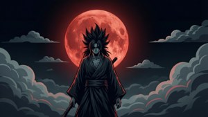 紅月與暴風雲下的武士戰士