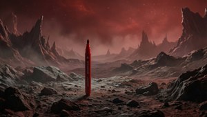一個紅色標記喺荒蕪外星行星上，紅色天空同鋸齒狀山脈