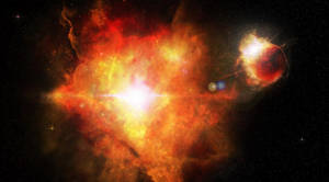 一場熾熱的宇宙爆炸，在深空中伴隨著發光的星雲和遙遠的行星。 — 星雲 壁紙