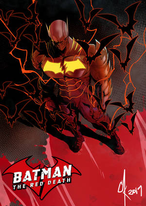 Batman The Red Death 以動感姿態站立，蝙蝠在他周圍飛翔。