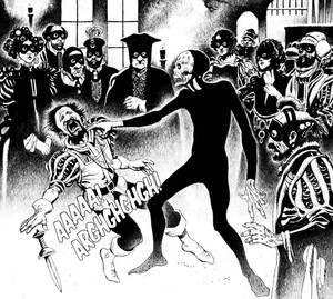 骷髏人物攻擊穿著華麗衣服的男人，戴面具的群眾在觀看。 — 死亡動畫 壁紙