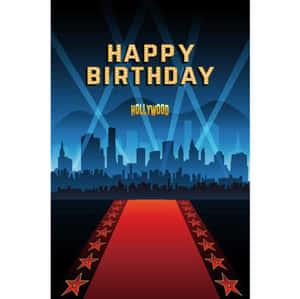 紅地毯上點綴著星星，在藍色聚光燈下通往荷里活天際線，並帶有「Happy Birthday」文字。 — 荷里活 GIF 壁紙
