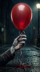 喪屍手在夜晚的雨街上拿著帶有血跡的紅色氣球