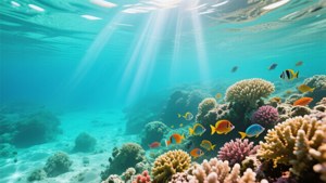 在明亮的陽光下，海洋中充滿色彩繽紛魚類的生機勃勃的珊瑚礁。