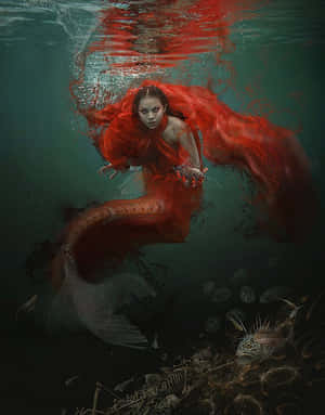 一位紅髮美人魚在佈滿魚骨和水母的海底上方游動。 — 奇幻 壁紙