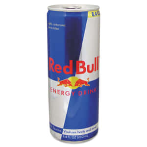 Red Bull能量飲料罐，帶有紅色公牛標誌和藍白設計。