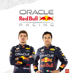 兩名身穿Red Bull Racing賽車服的F1車手為車隊合照擺姿勢。