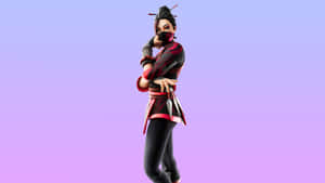 Fortnite 忍者角色身穿紅黑盔甲，在紫色漸變背景前擺姿勢