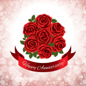 紅玫瑰配綠葉放在一條寫著Happy Anniversary的絲帶上，背景是粉紅色閃爍的。