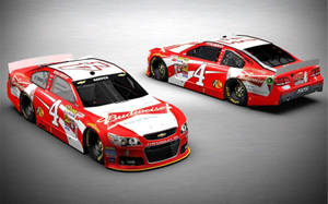 從前後角度展示的兩輛紅白色Budweiser NASCAR賽車。