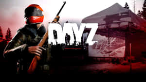黃昏時分，士兵在積雪的森林中靠近帳篷手持步槍，帶有 DAYZ 標誌。