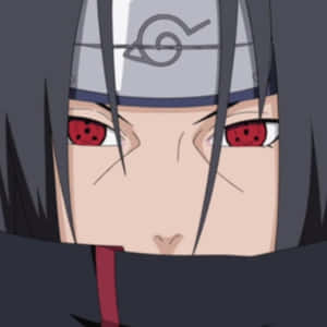 動漫角色，紅眼睛，灰色頭帶上有螺旋符號。