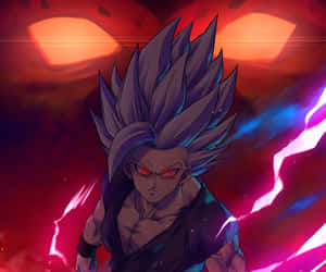 動漫角色，紫色頭髮和紅色眼睛，被電能包圍。