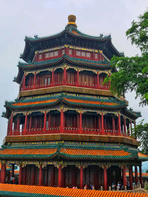 一座傳統中式寶塔，紅色柱子和綠色屋頂，被樹木環繞。 — 建築 壁紙