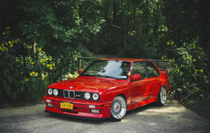 紅色BMW E30 M3停泊在夏日森林的碎石路上，伴有黃色花朵。 — 寶馬 iPhone 壁紙
