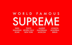 紅色背景上白色文字列出 Supreme 及全球城市。
