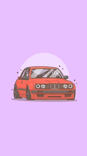 紅色經典寶馬汽車插圖，薰衣草背景，白色圓形光暈。
