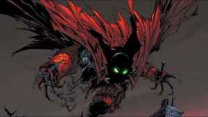 一個黑暗的蝙蝠狀超級英雄，帶著發光的眼睛和紅色斗篷，在黃昏時分飛越城市。