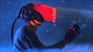 戴著VR頭戴式顯示器和發光手套的人沉浸在星光燦爛的數位空間中。