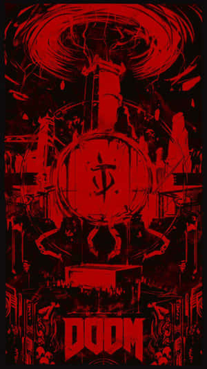 帶有紅色惡魔形象和工業恐怖設計的Doom遊戲海報。 — 紅色 壁紙