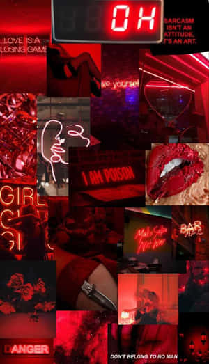 紅色霓虹拼貼，包含嘴唇、紋身、文字和酒吧場景，並有「I am poison」和「danger」等短語。