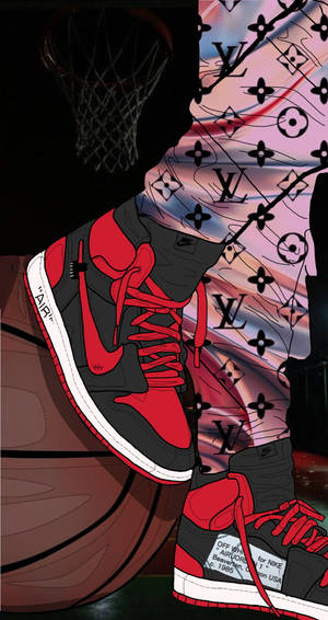 紅色和黑色的Nike Air Jordan運動鞋在籃球架下，旁邊有籃球。 — 卡通鞋 壁紙