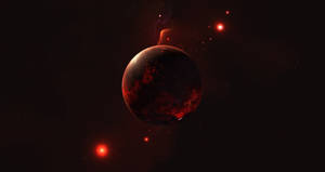 在繁星點點的宇宙場景中，一顆表面發光的紅色行星。