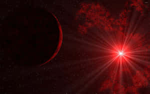 深空中一顆黑暗行星附近的發光紅色星爆。