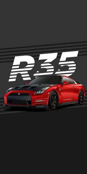 紅色日產GT-R R35跑車，帶有黑色飾邊和白色R35標誌，背景為深灰色。 — Audi R8 GIF 壁紙