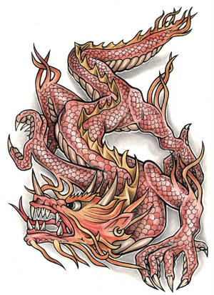 一隻風格化的紅龍，帶有金色高光和鋒利爪子，以動態姿勢盤繞。 — 日本龍動畫 壁紙
