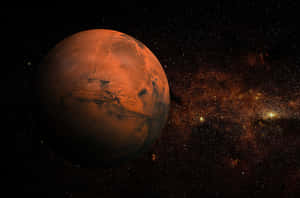 紅色火星漂浮在星光熠熠的太空中，附近有發光的星雲。