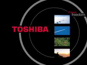 東芝標誌帶有同心圓和四個小場景，包括飛機翼、天空、小徑、森林小屋和日落剪影。 — 美學筆電 壁紙