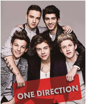 五個年輕男子拿著一個紅色標語牌，上面寫著 one direction