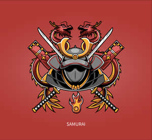 武士頭盔，帶有交叉的劍和紅龍，背景為紅色。 — 武士 壁紙