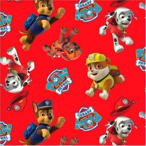 Paw Patrol 卡通角色在紅色背景上以動作姿勢呈現，帶有標誌。