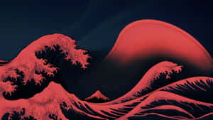 紅色波浪與遠方的山脈一同破碎。