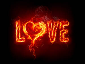 由熾熱橙色火焰組成的「LOVE」一詞，在黑暗背景中煙霧裊裊升起。