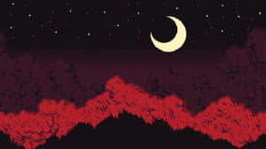 像素藝術夜景，新月星星和紅雲在深色樹木之上