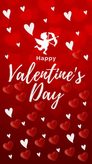 紅色背景，帶有白色和紅色心形，以及「Happy Valentine's Day」文字上方的白色邱比特剪影。 — 愛心 壁紙