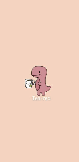 粉紅色卡通恐龍拿著一個帶有笑臉的茶杯。 — 美學 壁紙