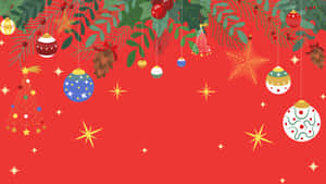 節日聖誕裝飾，包括裝飾品、松果和星星，以紅色背景為襯托。