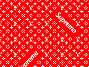 紅色背景，帶有白色 Louis Vuitton 字母組合和對角線 Supreme 標誌。 — 路易威登 壁紙
