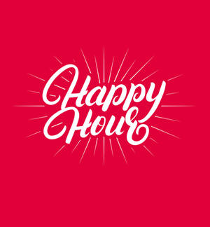 紅色背景上帶有太陽光線的Happy Hour文字圖形
