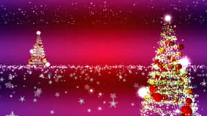 兩棵裝飾好的聖誕樹，在繁星點點的紫色天空下，燈光和裝飾品閃閃發光。 — 聖誕節 壁紙