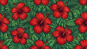 重複圖案中的熱帶芙蓉花和葉子。